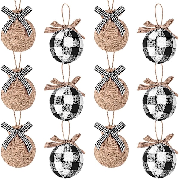 Julepynt Trepynt, 12 stk. Buffalo Plaid Jute Gårdshus Julepynt, Svart Hvit Landlig Juledekor