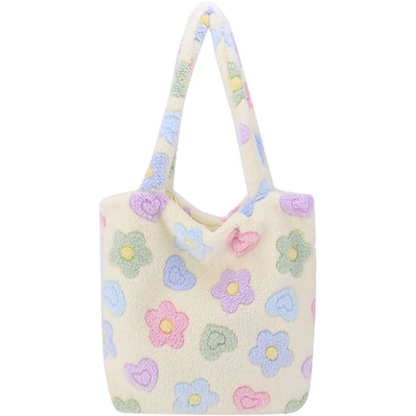 plysch fluffig tygväska stor kapacitet plysch underarmsväska handväska fluffig axelväska blomma fluffiga väskor beige