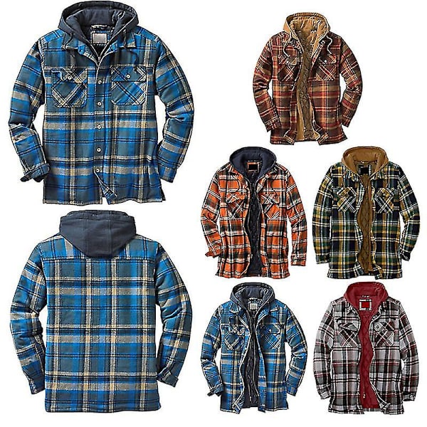 Quiltet Tykk Rutete Langermet Løs Jakke Herre Hettegenser Quiltet Foret Flanell Hette Full-zip Skjortejakke L Red
