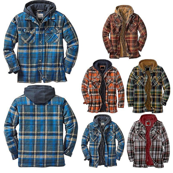 Quiltet Tykk Rutete Langermet Løs Jakke Herre Hettegenser Quiltet Foret Flanell Hette Full-zip Skjortejakke XL Green