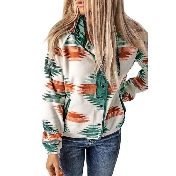 Womens Fleece Jacket Western Aztec Print Long Sleeve Snap Button Down Shacket Jackets Green S