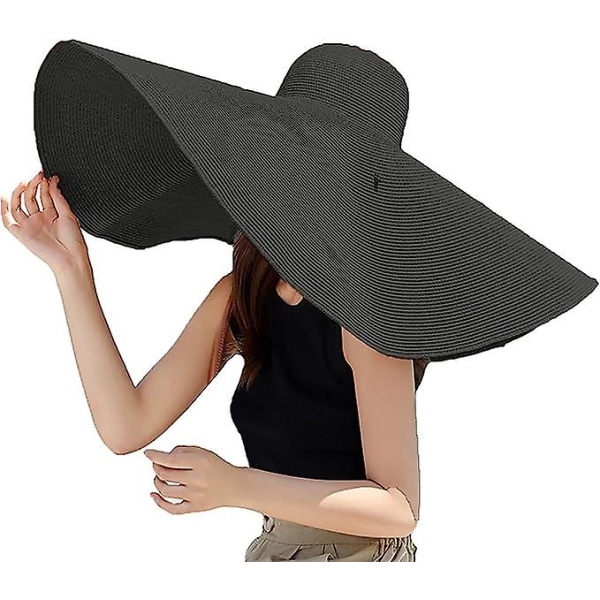 Överdimensionerade strandhattar för damer Extra stor strandhatt med bred brätte Vikbar roll-up floppy solhatt Sommar utomhus svart