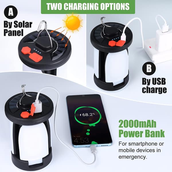 Solcellelykt, Ultrasterk LED-campinglykt, 2 Justerbare Lysmoduser, 5 Lademetoder, Med Håndsveivdynamo, Lang Levetid For Camping