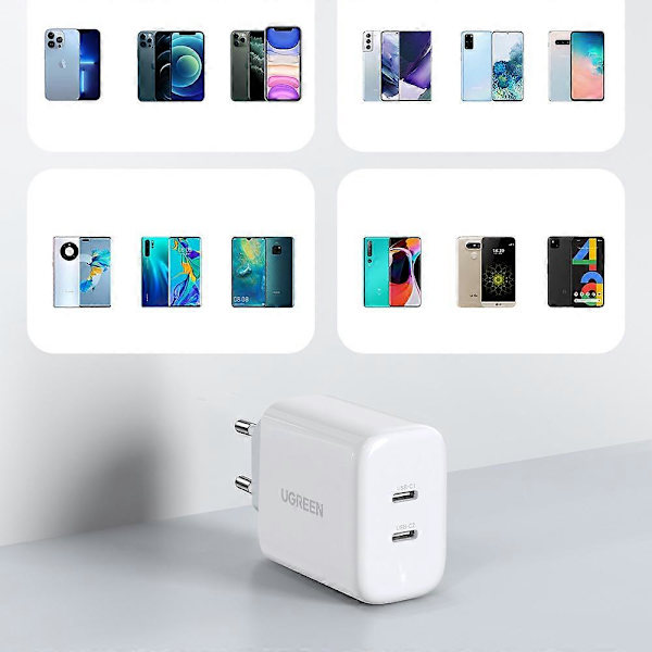 Væglader til telefon 2x USB-C 40W Power Delivery hvid