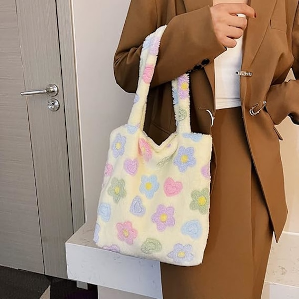 plysch fluffig tygväska stor kapacitet plysch underarmsväska handväska fluffig axelväska blomma fluffiga väskor rosa