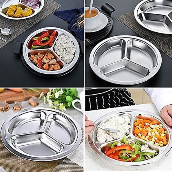 24 cm ruostumattomasta teräksestä valmistetut jaetut lautaset 3 lokerolla lapsille ja aikuisille, 3 ruostumattomasta teräksestä valmistettua jaettua lautasta retkeilyyn, lounaalle ja illalliselle tai jokaiseen