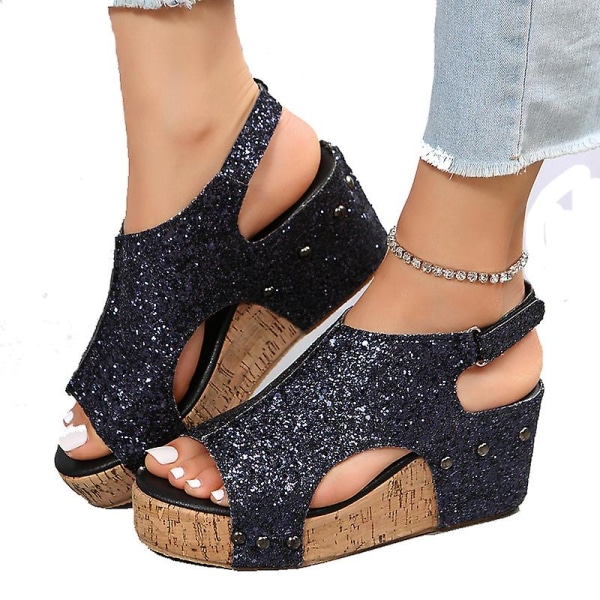 Sandaler Damer Tyk Sål Retro Sandaler Damer Sequin Nitter Velcro Sandaler Black EU 38