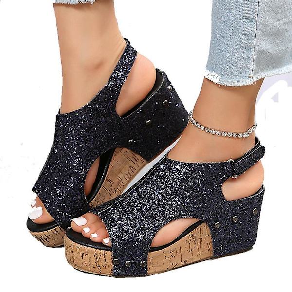 Sandaler Damer Tykk Såle Retro Sandaler Damer Paljettnagler Borrelås Sandaler Black EU 41