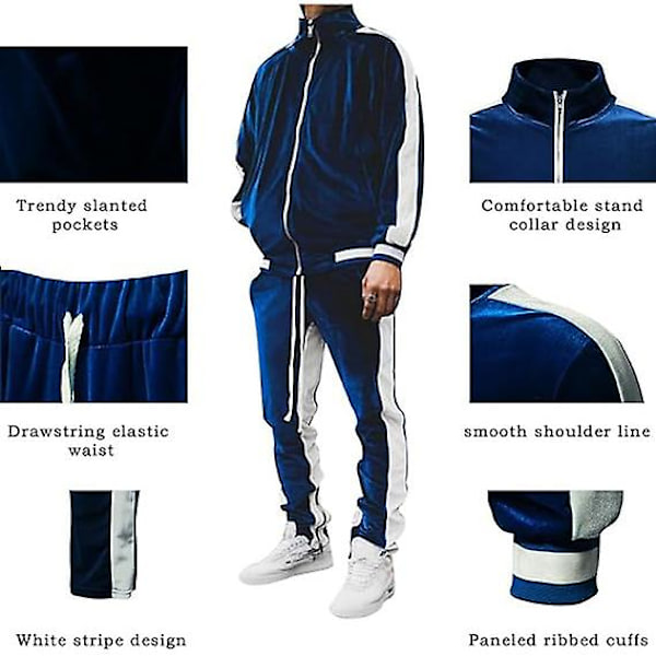 Mjukisdress i sammet för män, avslappnad jacka och byxor Navy XL