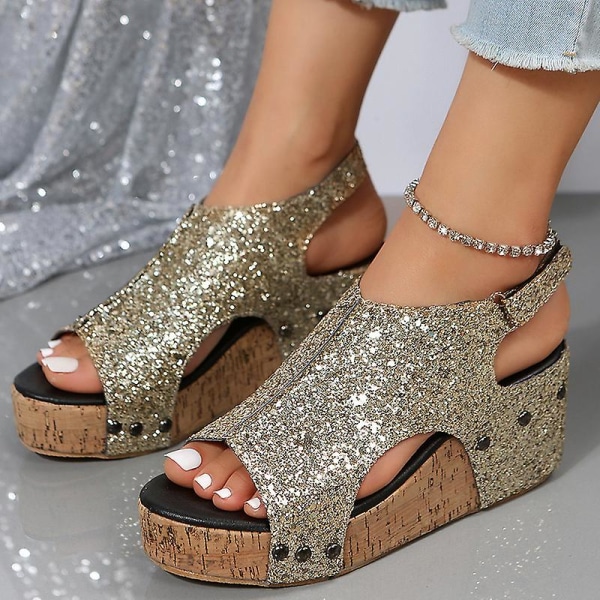 Sandaler Damer Tyk Sål Retro Sandaler Damer Sequin Nitter Velcro Sandaler Gold EU 40