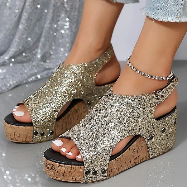 Sandaler Damer Tyk Sål Retro Sandaler Damer Sequin Nitter Velcro Sandaler Gold EU 41