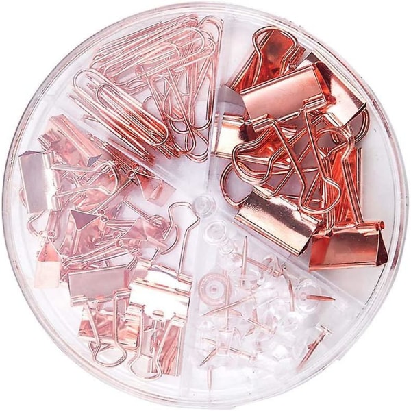 1 set med roséguldfärgade pappersklämmor, bindeklämmor, tryckstift med låda, skrivbordskombination, kontorsmaterialset för T