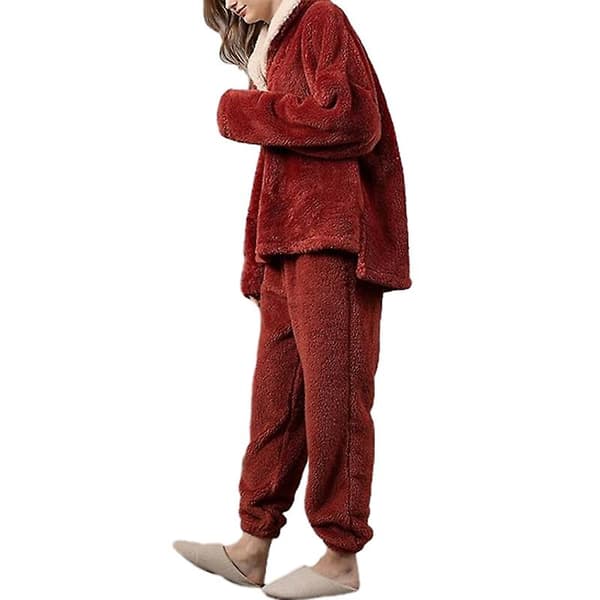 Fleece Pyjamassæt til Kvinder, Blødt Nattøj Varm Sherpa Pullover Bukser Red L