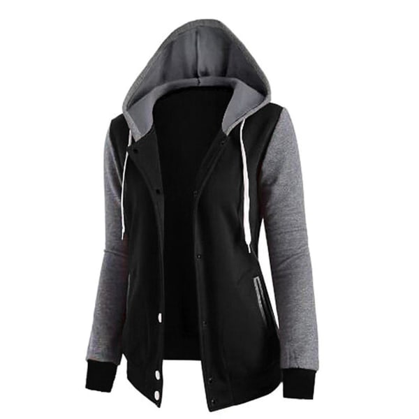 Sweatshirt til kvinder Patchwork Hætte Langærmet Firdobbelt-knap Top Jakke M Black
