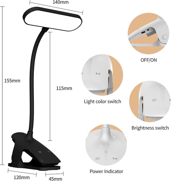 Trådløs LED Skrivebordslampe, Touch Sengelampe 5 Farver & 5 Dæmpbare Dæmpbare 360 Fleksibel Hals LED Lampe, sort