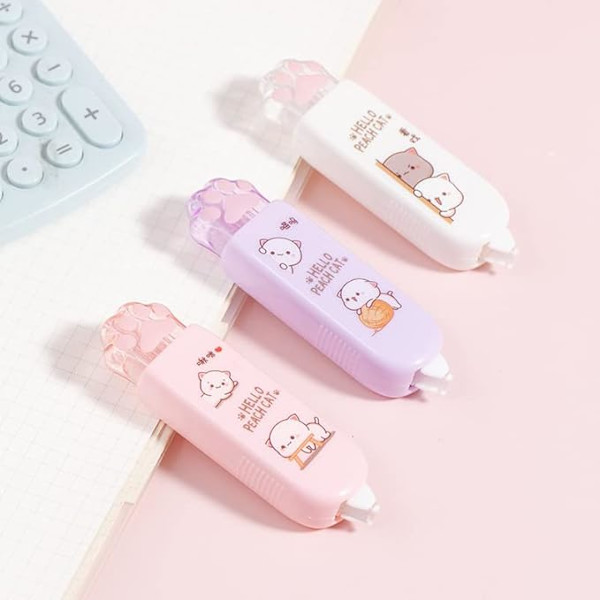 3 delar estetiska vita ut tejp Kawaii katt tass formad korrigeringstejp Cutecore Stationär （slumpmässig färg）