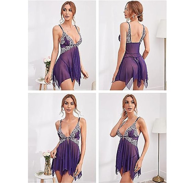Kvinnors spetslingerie med spänne framtill, babydoll med V-ringning, nattlinne, sexig negligé WHITE M