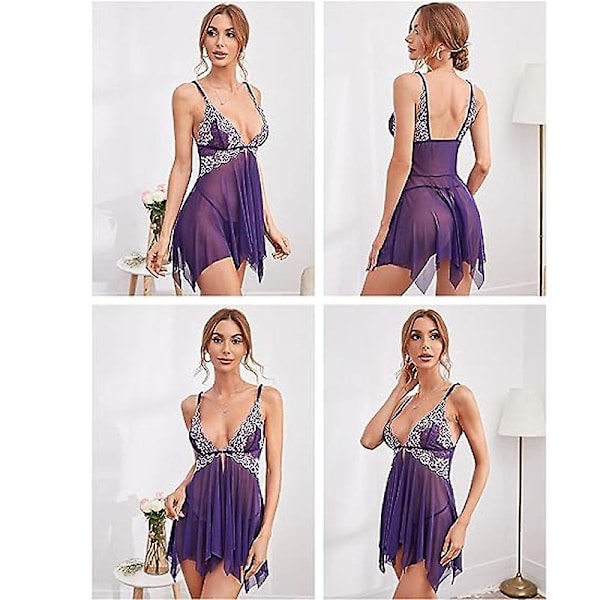 Kvinnors spetslingerie med spets framtill, babydoll med V-ringning, nattlinne, sexig negligé PURPLE 2XL