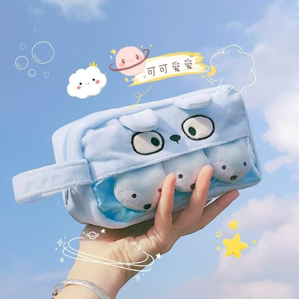 Plys penalhus med fluffy nåle tilbehør stor kapacitet japansk æstetisk fluffy penholder kontortaske blå
