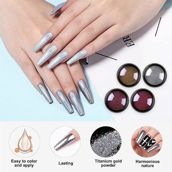 Nagelpulver Metall Spegel Mjöl Holografiskt Pigmentpulver Nagelkonst Dekoration Set 4 Lådor Set2