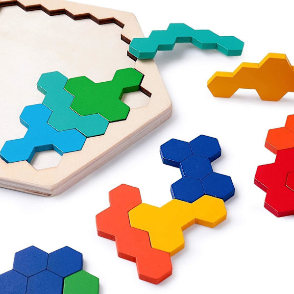 Trähexagon Pussel Leksak Geometri Leksak Träpussel Pussel Färgglad Hexagon Geometrisk Pussel Lutande Intelligens Block Leksaker För 3-8 År Gamla Barn