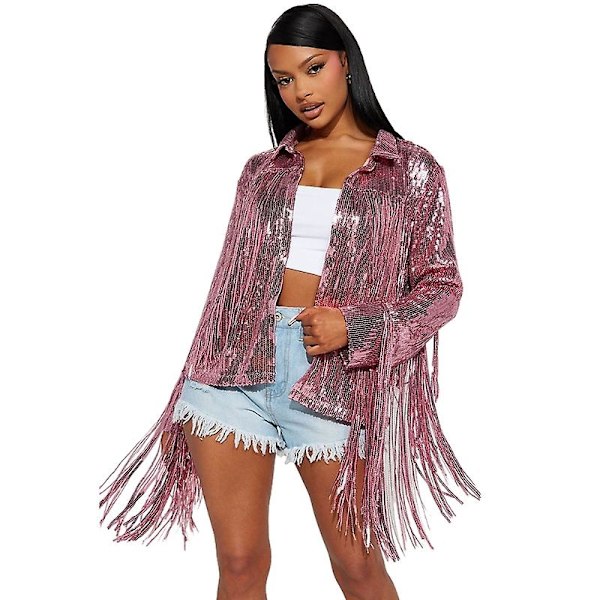 Dame Sequin Langærmet Jakke, Kvaster Frynser Cardigan Frakke Pink L