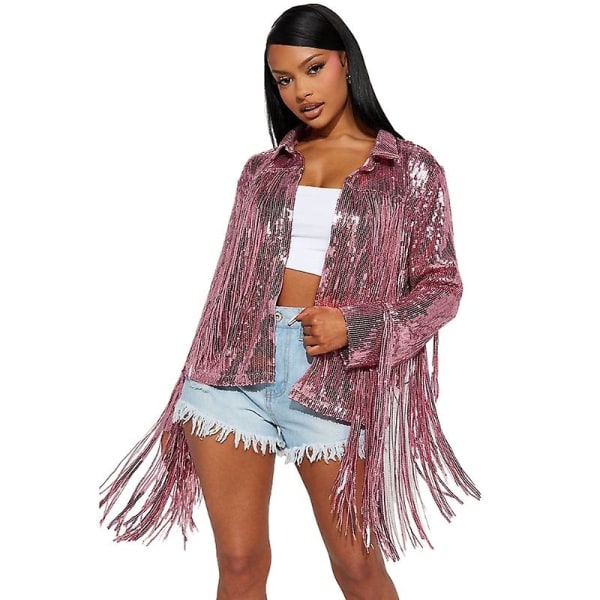 Dame Sequin Langærmet Jakke, Kvaster Frynser Cardigan Frakke Pink XL