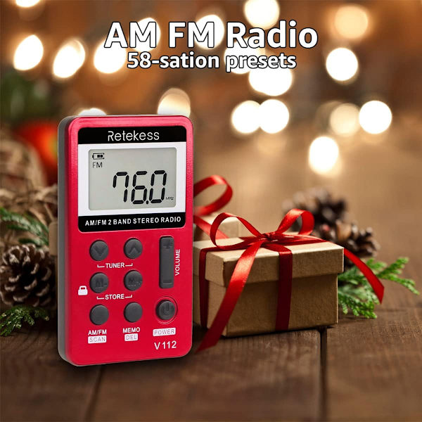 V112 Liten Mini Radio, Fickradio med Hörlurar, FM AM, Batteri, Sömntimer, för Jogging, för Seniorer