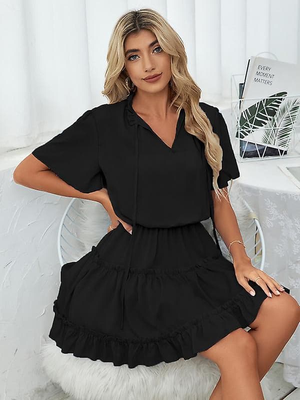 Dame V-hals Kjole med Volanger i Chiffon Black L