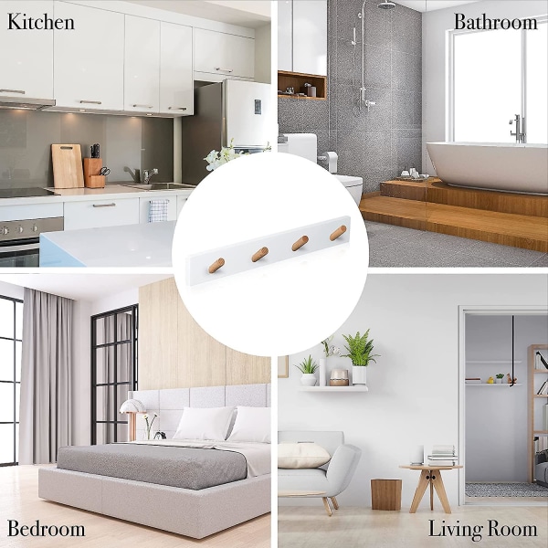 Väggmonterad klädhängare i trä - 4 krokar - Väggmonterad klädhängare - Design väggmonterad klädhängare för entré, badrum, barn, sovrum (vit)