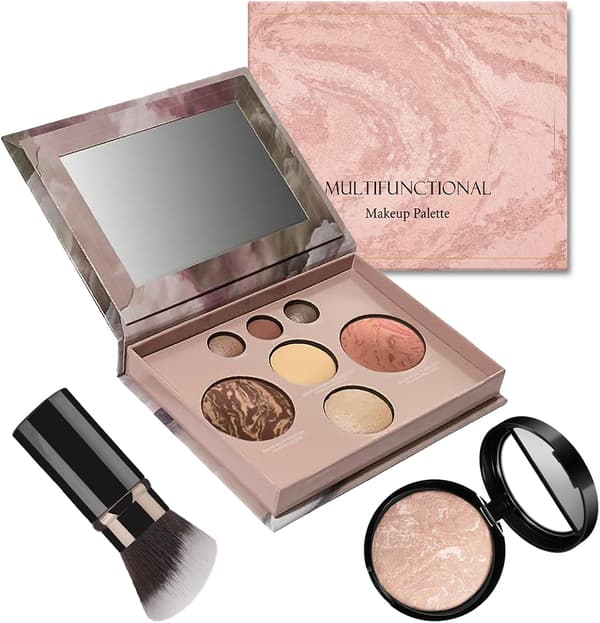Palette Makeup Sæt, 3 stk. Kosmetisk Makeup Starter Kit, Inkluderer Bagt Foundation, Bronzer, Blush, 2 Highlighters, 3 Øjenskygger og Børste