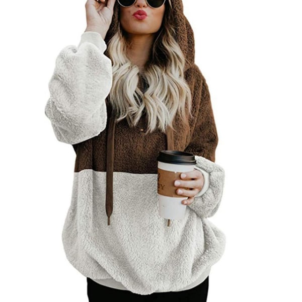 Mjuk och fluffig sweatshirt för kvinnor, höst och vinter, varm dragkedja upp huvtröja pullover med XL Block Color Khaki