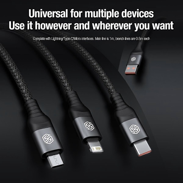 Swift Pro USB-A til USB-C / Lightning / micro-USB 3-i-1 flettet kabel 1,5 m, Sort