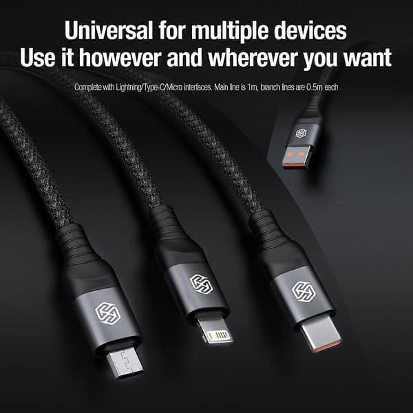 Swift Pro USB-A - USB-C / Lightning / micro-USB 3-in-1 punottu kaapeli 1,5 m, musta