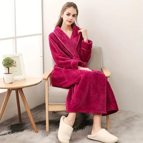 1 st par stil badrock, tjock långärmad lång badrock, supermjuk loungewear, lång rock för höst och vinter, badrumstillbehör 3XL Rose Red
