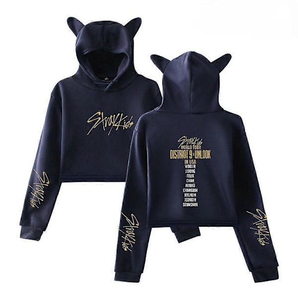 Kpop Stray Kids Hoodie Kattöron Tröjor för Dam Felix Hyunjin Bangchan Hoodie Sweatshirt-15103 Navy Blue-15103 S