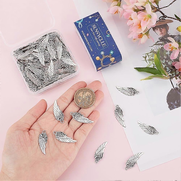 1 Ask 100 st Angel Wings Charm Silver Love Charms Alloy Tibetansk Rosfjäder Blomma Vinkel Ving Valentine Charms Bulk för Smyckestillverkning Charms Kvinnor D
