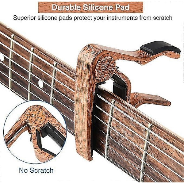 Gitarr Capo med 6 Gitarrplektrum, Ukulele Capo Akustisk Elektrisk Gitarr Clip Snabbt Byte Capo Clamp för Akustiska Elektriska Gitarrer wooden