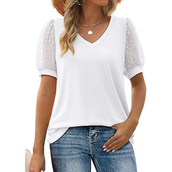 Naisten kesäinen lyhythihainen V-aukkoinen rento pusero White XL