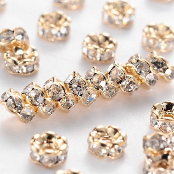 200 stk. messing rhinestone spacer perler Grade AAA bølget kant nikkelfri lys guld metalfarve rondelle krystal