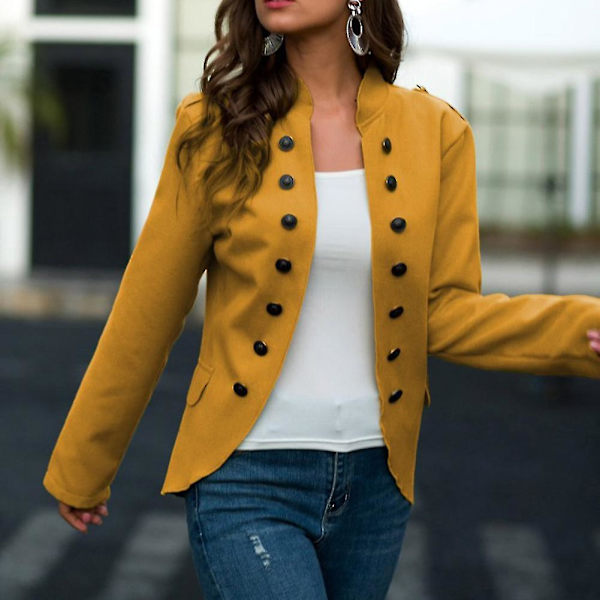 Kvinnor Knapp Blazer Ståkrage Casual Ytterkläder Oregelbunden Fåll Rockar Med Fickor Ny L C