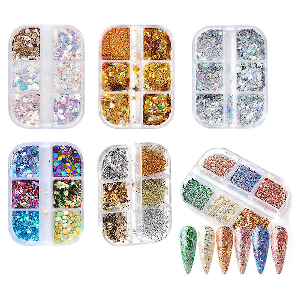 6 Laatikkoa Kynsisettejä ja Kynsipuuteria, Kynsitaide Glitter Sekoitettu Kiiltävä Kynsien Koristeluun DIY style4