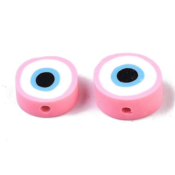 50 kpl käsintehtyjä polymeerisavihelmiä, litteitä pyöreitä, paha silmä, vaaleanpunainen, 10,5~12,5x3,5~4,5 mm, reiän koko: 1,5 mm