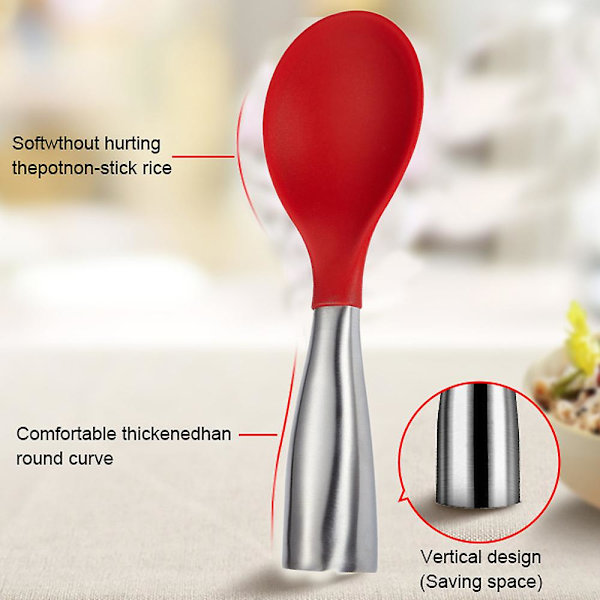 Stående rissked med rostfritt stål och silikon, ej rostande risskopa, non-stick risspatel red