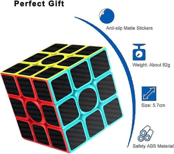 Speed Cube 3x3x3 Magic Carbon Fiber Sticker Smooth Cube, Forbedret Versjon Svart - Pakke med 2