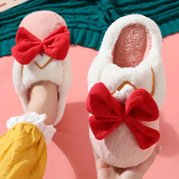 Kawaii Bowknot Fuzzy House Slippers, Closed Toe Soft Sole Plush Flat Shoes, Winter Warm Home Slippers blue EU35 36