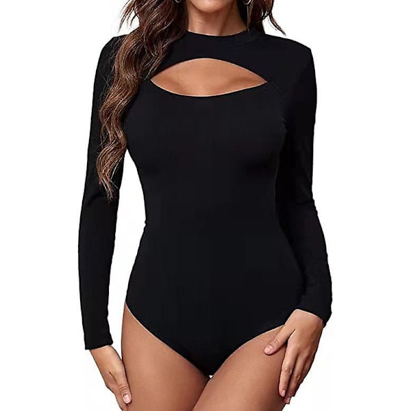 Langærmet stretch-bodysuit jumpsuit til kvinder, jumpsuit med rund hals til kvinder Black M
