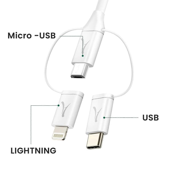 Økologisk 3-i-1 USB-C til USB-C Micro-USB Lightning-kabel 1m, Hvit