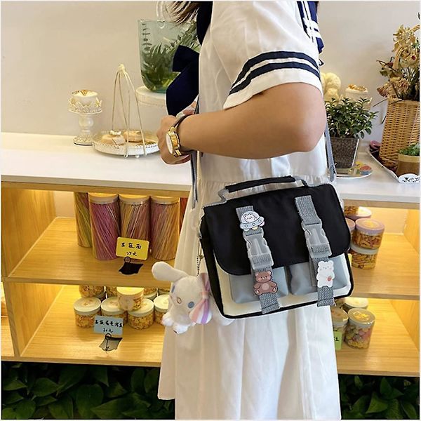 Kawaii Skuldertaske med Søde Pins Kawaii Tote Taske til Piger Skole Crossbody Rygsæk Casual Mode (Sort)