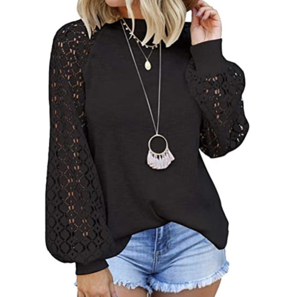 Kvinnors höst casual T-shirt rund hals långärmad toppar för höst vår casual wear L Black